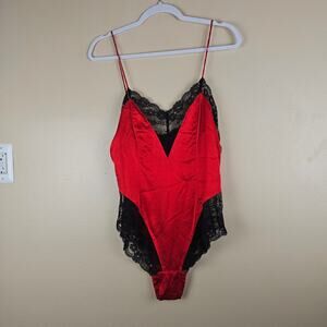 Vintage Gold Label Victoria's Secret Teddy Red And Black Lace Bodysuit